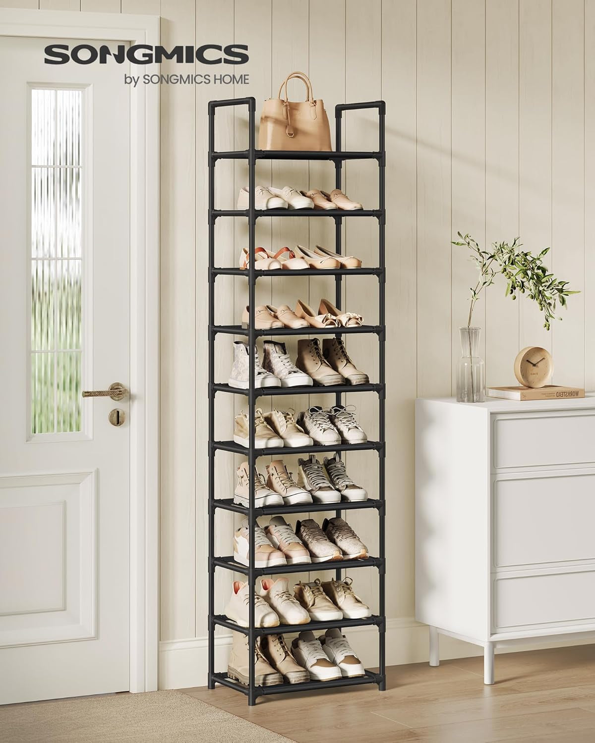 Shoe Rack, 10 Tier Shoe Shelf, Shoe Storage Organizer, Space-Saving, 11 X 17.7 X 68.1 Inches, Metal Frame, Non-Woven Fabric Shelves, for Entryway, Bedroom, Black ULSH010B02