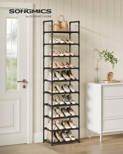 Shoe Rack, 10-Tier Shoe Shelf, Shoe Storage Organizer, 11 X 17.7 X 68 Inches, Metal Frame, Non-Woven Fabric Shelves, for Entryway, Bedroom, Black ULSH010B02