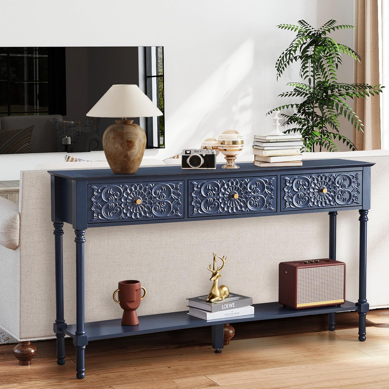 55.5" Carved Console Table with 3 Drawers, 2-Tier Sofa Table with Glossy Floral Surface and Solid Wood Legs, Mid-Century Modern Entryway Table for Living Room Hallway (Midnight Blue)