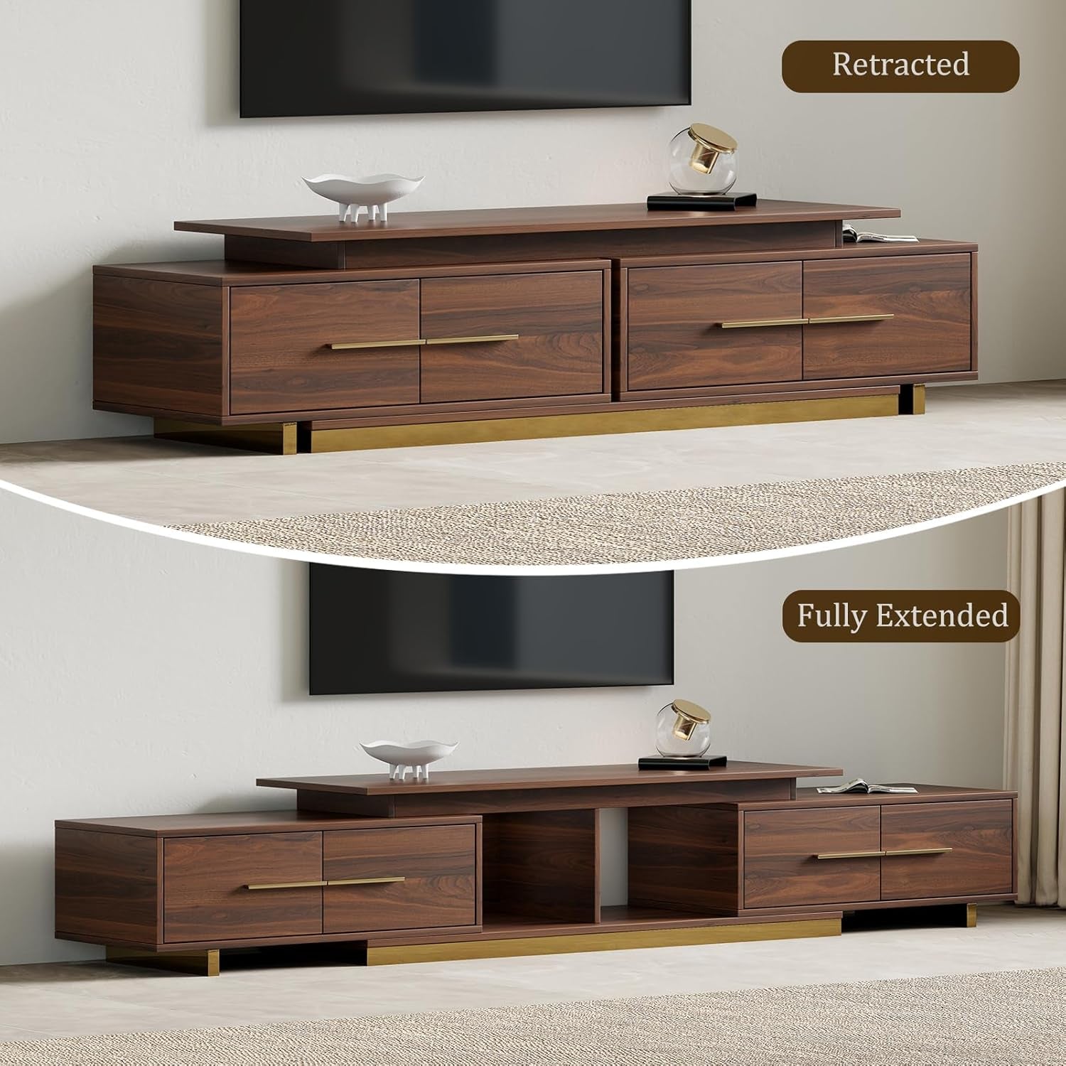 Extendable TV Stand, Modern TV Console for up to 100 Inch TV, Adjustable Length Entertainment Center, Mid-Century Media Console Cabinet for Living Room, Walnut (Extendable: 63.4”W-94.5”W)
