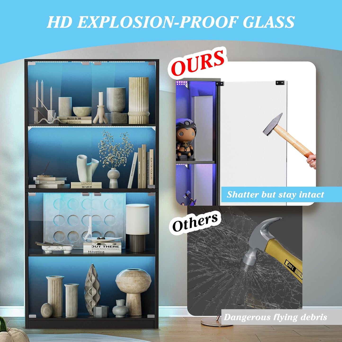 RGB Glass Display Cabinet, App & Remote Controlled Display Case with Music Sync, 4-Tier Tall Curio Cabinet for Collectibles Storage, Tall Bookcase with 4 Shelves (Black, 14"D X 32"W X 65"H)