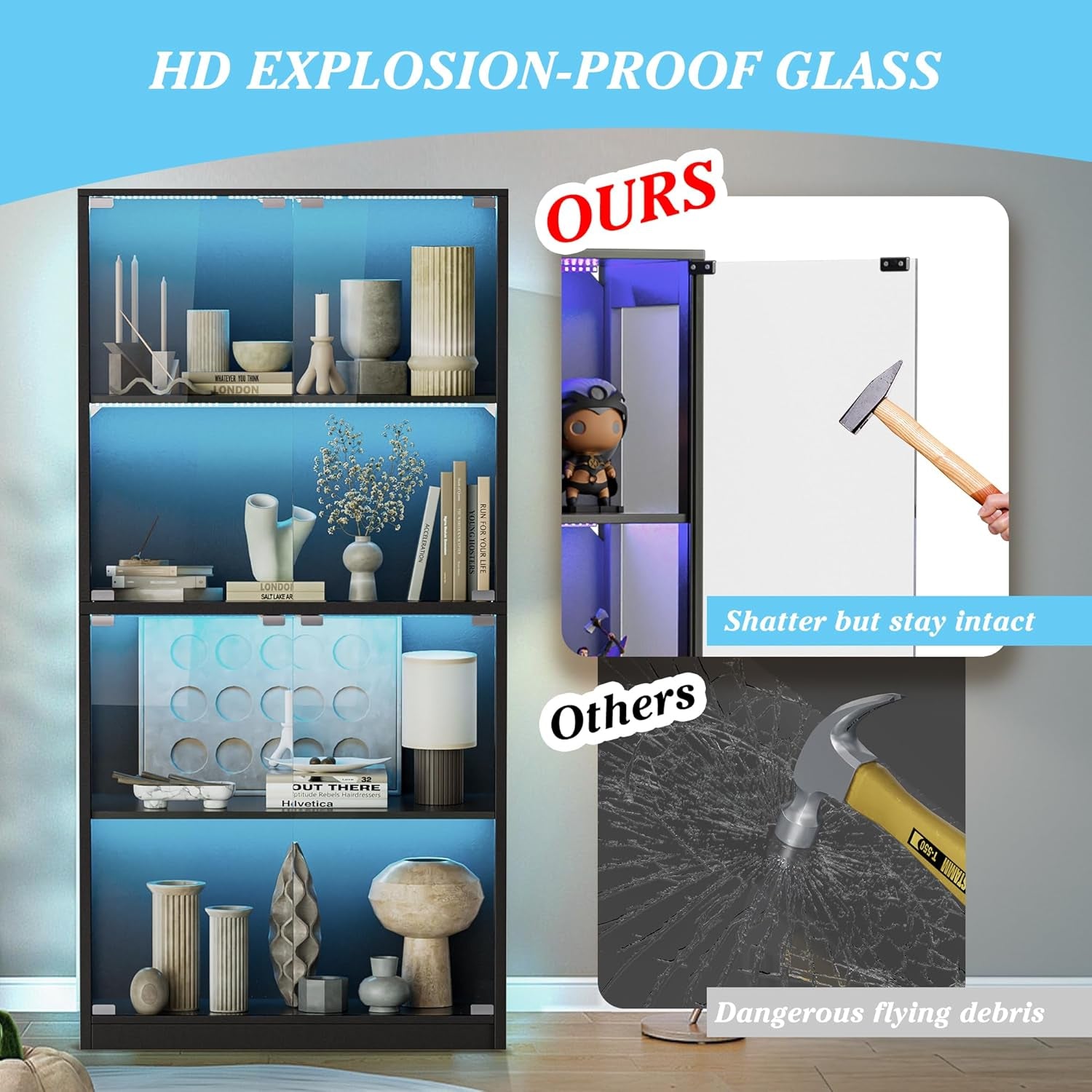 RGB Glass Display Cabinet, App & Remote Controlled Display Case with Music Sync, 4-Tier Tall Curio Cabinet for Collectibles Storage, Tall Bookcase with 4 Shelves (Black, 14"D X 32"W X 65"H)