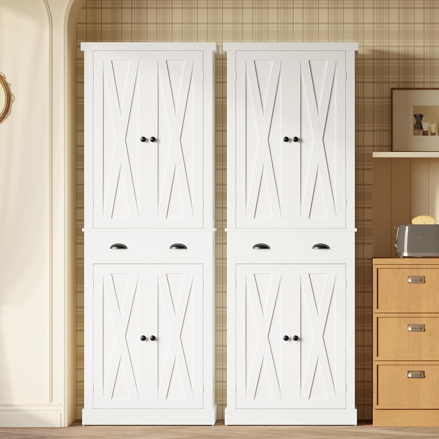 Kitchen Pantry Storage Cabinet 72.6" H X 24" W, with Barn Doors, Drawer, 4 Adjustable Shelves, Freestanding Cupboard, Laundry, White