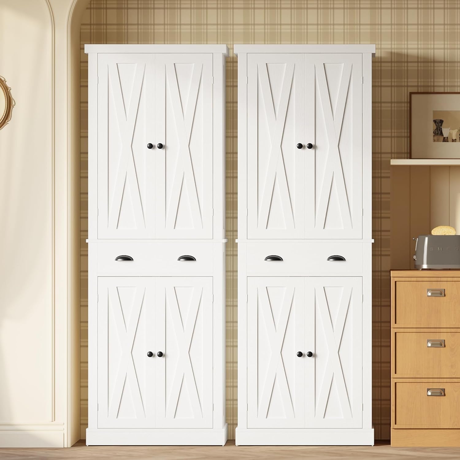 Kitchen Pantry Storage Cabinet 72.6" H X 24" W, with Barn Doors, Drawer, 4 Adjustable Shelves, Freestanding Cupboard, Laundry, White
