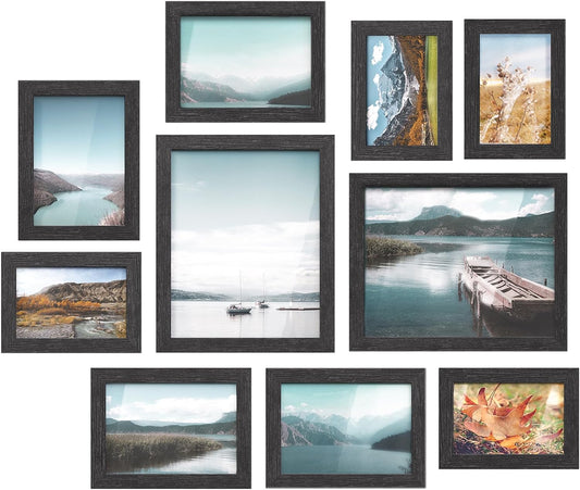 Picture Frames, Collage Picture Frames Set of 10, Two 8X10, Four 5X7, Four 4X6, Photo Frame for Wall Gallery Decor, Table Display, Glass, Ink Black URPF10B