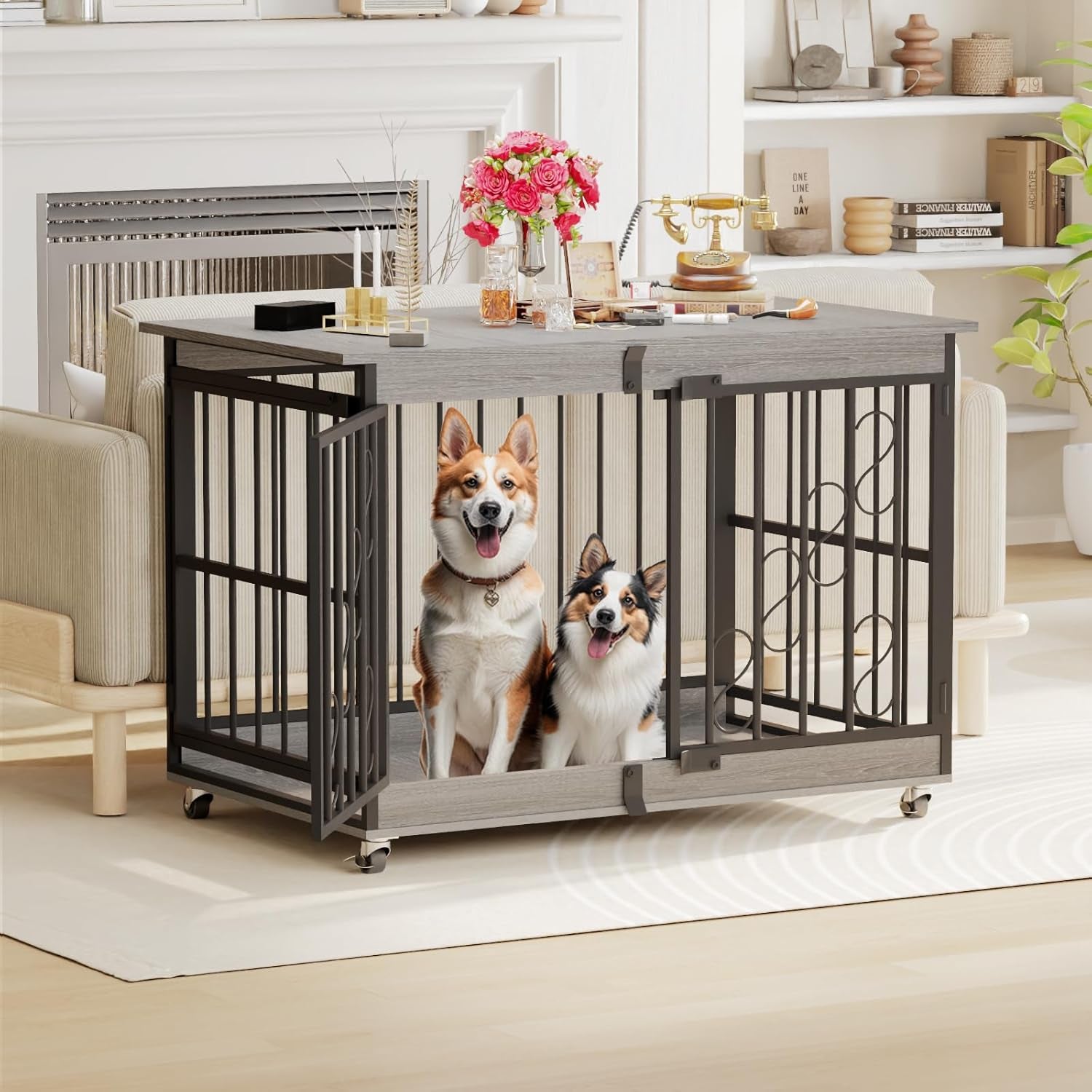 Large Dog Crate Furniture, 48 Inch Heavy Duty Dog Kennel Indoor with Caster Wheels, Wooden Dog Cage Morden Decorative Pet House TV Stand for Xlarge Dogs, Light Gray