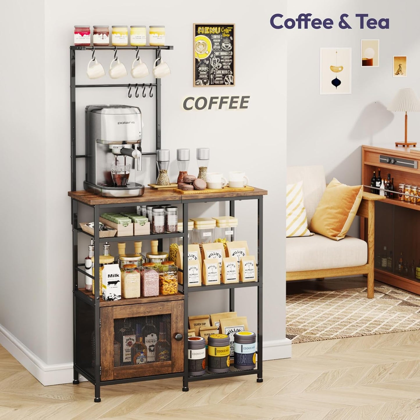 Bakers Rack with Storage - Coffee Bar Cabinet Organizer with 8 Hooks, Shelves & Cabinet Door, Coffee Station for Kitchen Dining Room, Microwave Stand with Adjustable Feet, Espresso