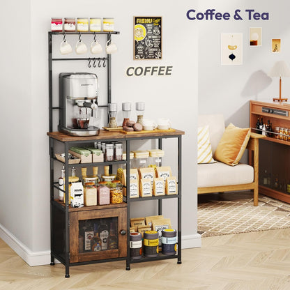 Bakers Rack with Storage - Coffee Bar Cabinet Organizer with 8 Hooks, Shelves & Cabinet Door, Coffee Station for Kitchen Dining Room, Microwave Stand with Adjustable Feet, Espresso