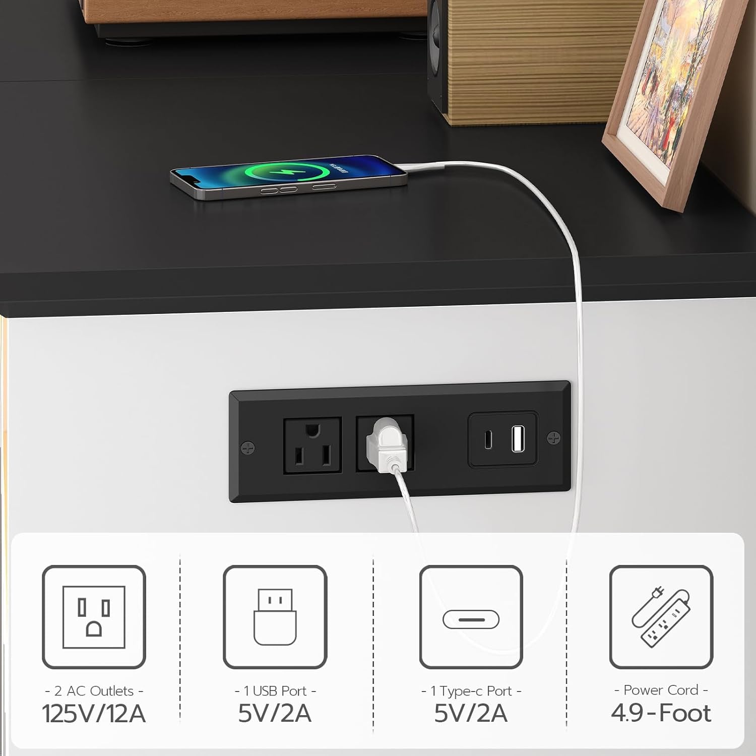 Farmhouse Record Stand with Charging Station and LED Lights, Compact Vinyl Storage Cabinet Holds up to 230 Albums, Turntable Holder for Living Room, Bedroom, Black and White WB40UDRS01