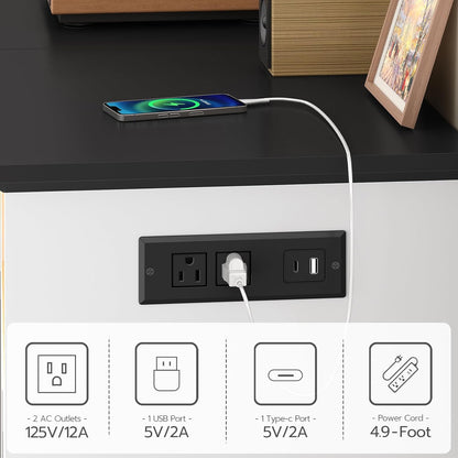 Farmhouse Record Stand with Charging Station and LED Lights, Compact Vinyl Storage Cabinet Holds up to 230 Albums, Turntable Holder for Living Room, Bedroom, Black and White WB40UDRS01