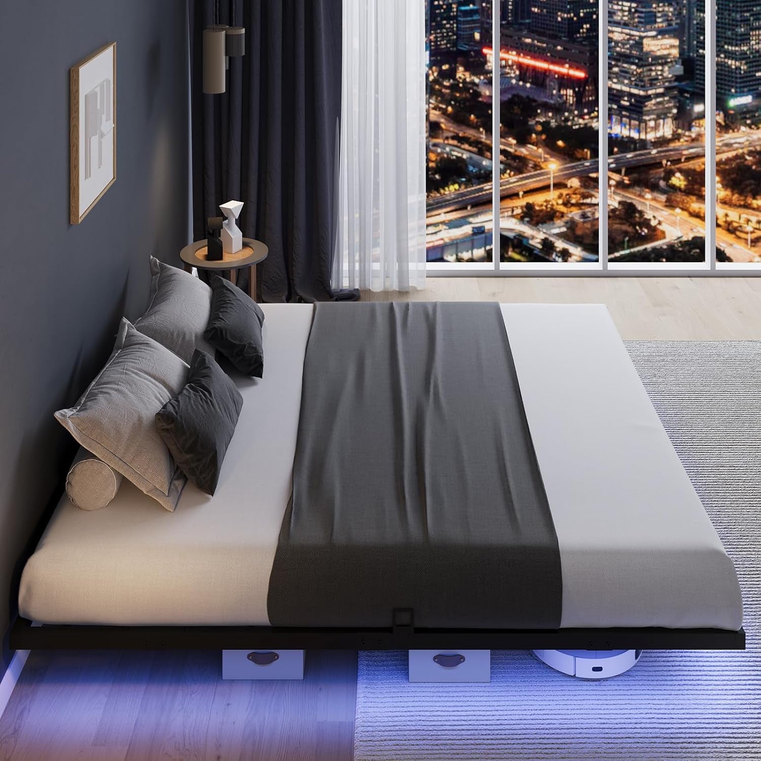 Floating Bed Frame with LED Lights, Modern Platform Full Size Bed Frame with Mattress Slide Stopper, Easy Assembly, No Box Spring Needed, Noise Free