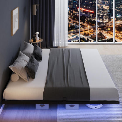 Floating Bed Frame with LED Lights, Modern Platform Full Size Bed Frame with Mattress Slide Stopper, Easy Assembly, No Box Spring Needed, Noise Free