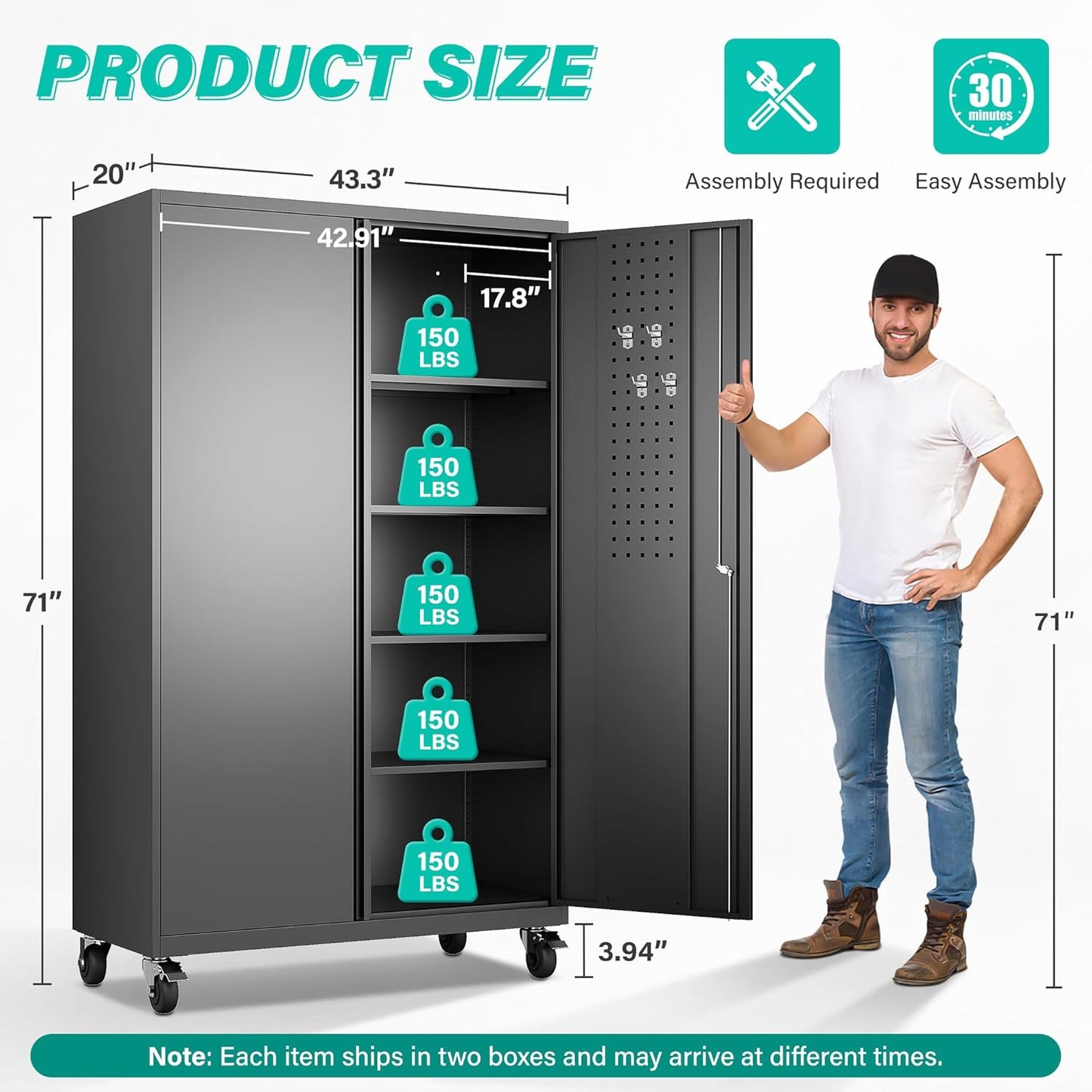 Wide & Deep Metal Storage Cabinet with Wheels,Tall Rolling Garage Storage Cabinet with Lock,Black Metal Cabinets with Pegboards and Shelves,Tool Locker for Garage,Home,Office,43''Wx 20''Dx71"H