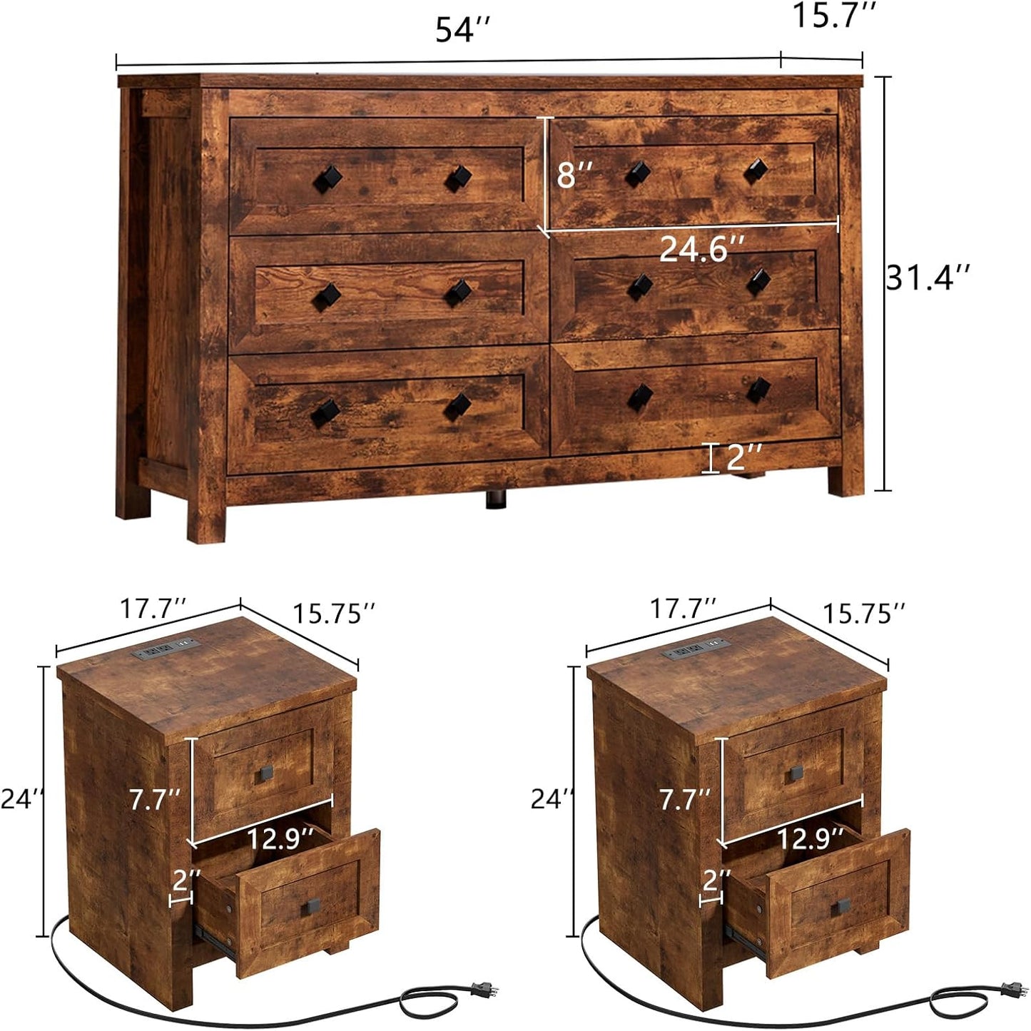 Bedroom Dresser and Nightstand 3 Piece Set, 1 X Wood Rustic 6 Drawer Storage Dresser, Nightstand Set of 2 with Charging Station, Farmhouse Bedroom Furniture Set, Rustic Brown