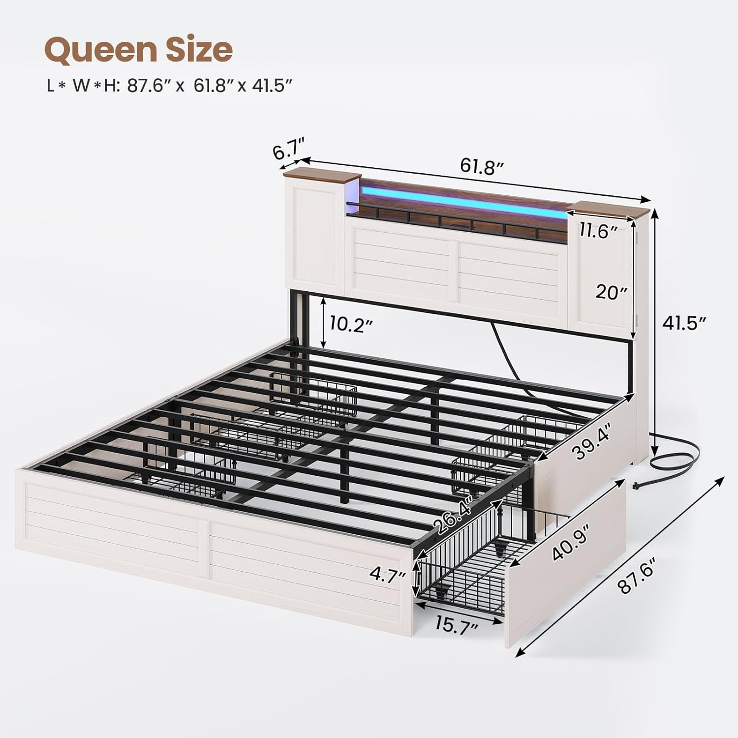 Farmhouse Queen Bed Frame with Headboard and Double Barn Door Storage Cabinets, Rustic Wooden Bed Frame Queen Size with Charging Station, 4 Drawers and LED Lights, No Box Spring Needed, White