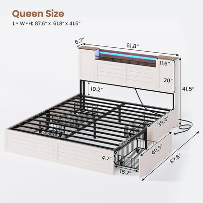 Farmhouse Queen Bed Frame with Headboard and Double Barn Door Storage Cabinets, Rustic Wooden Bed Frame Queen Size with Charging Station, 4 Drawers and LED Lights, No Box Spring Needed, White