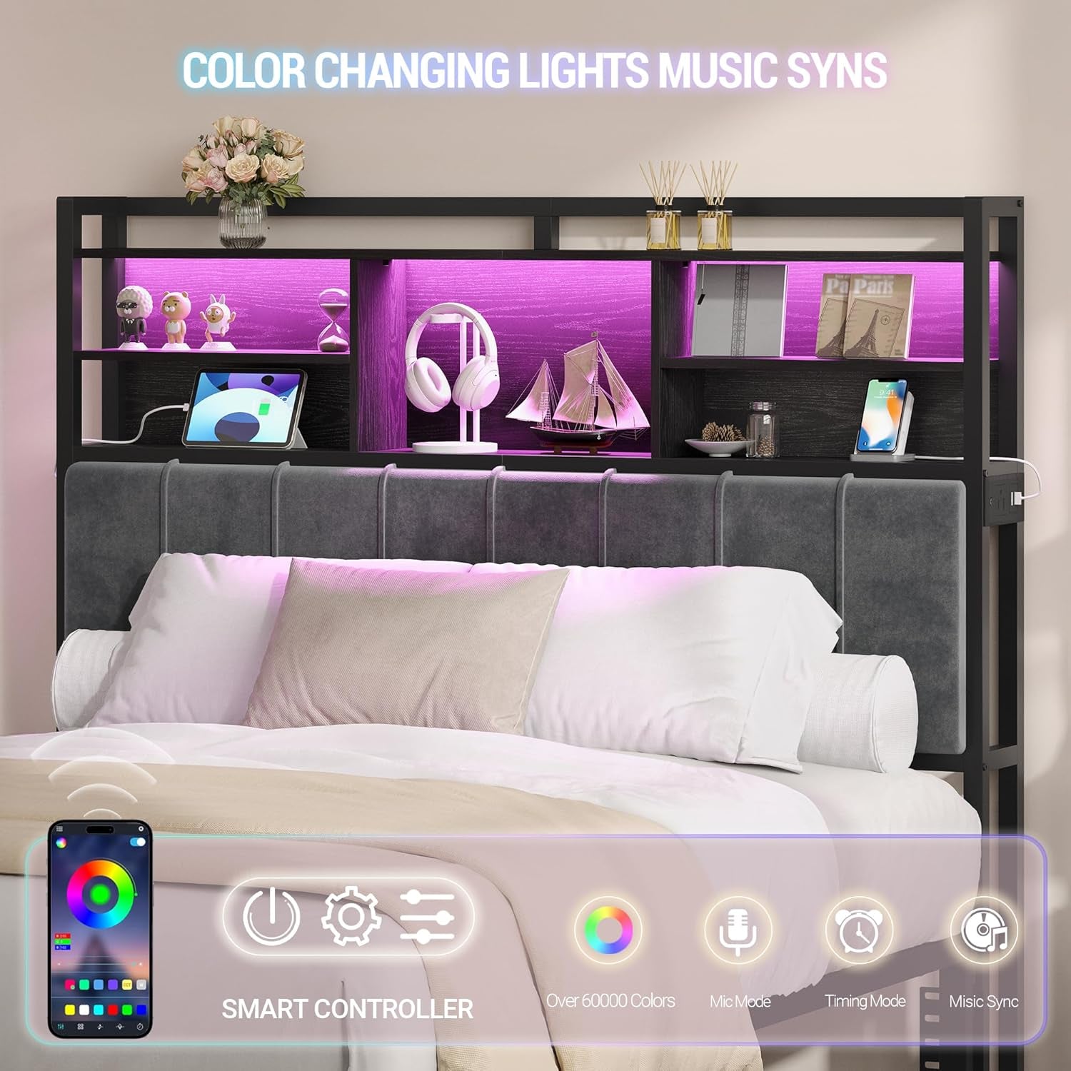 Headboard with 3-Tier Storage Shelves, Velvet Upholstered Head Board with 2 Outlets, USB Ports & LED Light, Soft Backrest for Queen Size Bed, Black BH15204B