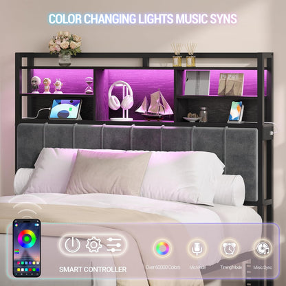 Headboard with 3-Tier Storage Shelves, Velvet Upholstered Head Board with 2 Outlets, USB Ports & LED Light, Soft Backrest for Queen Size Bed, Black BH15204B