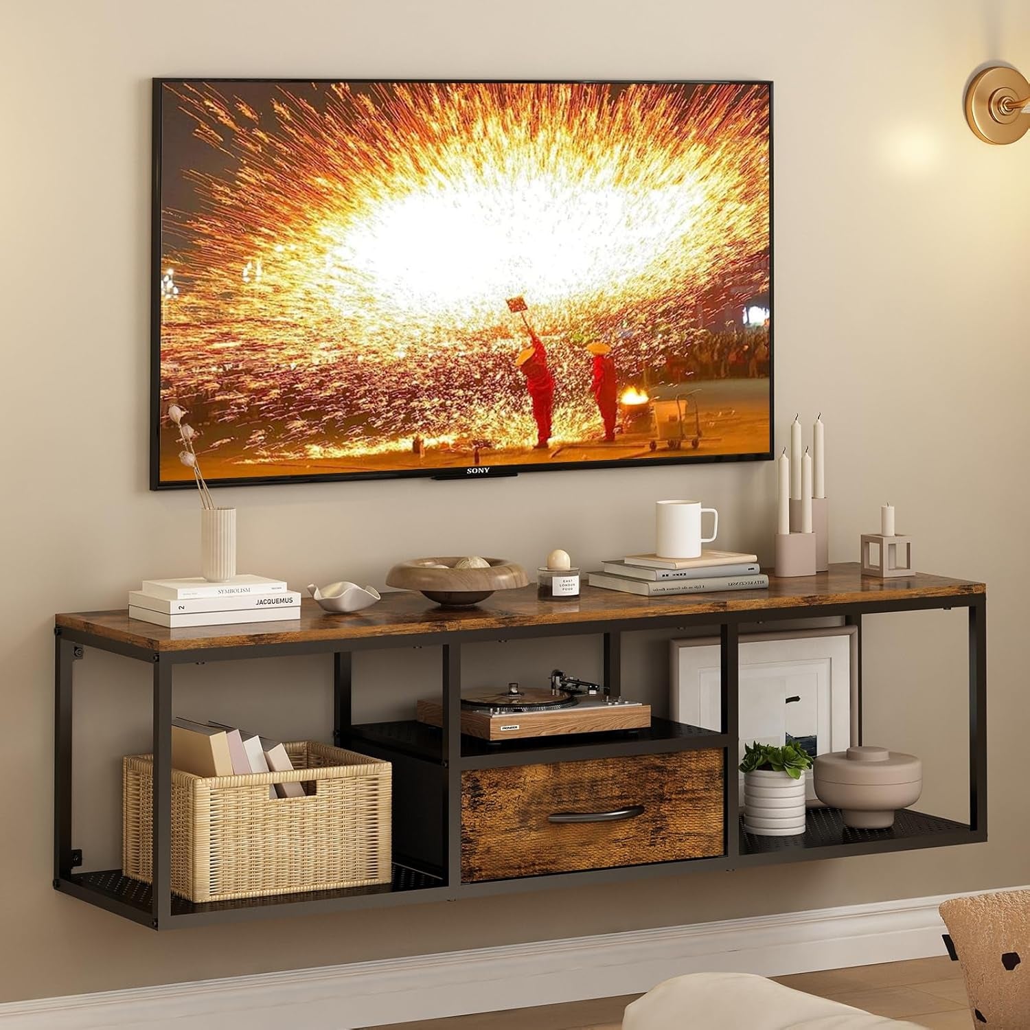 Floating Wall TV Stand, Wall Mounted TV Stand with Storage Cabinet, Wall Mounted TV Cabinet Entertainment Television Center for TV up to 50 Inch, for Living Room, Bedroom, Metal, Black