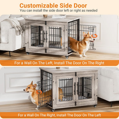 Dog Crate Furniture, Dog Kennel Indoor Double Doors Wooden Dog Cage, 38'' Heavy Duty Dog Crate with Cushion & Wheels, Decorative End Table Pet House Chew-Resistant for Large/Medium, Brown