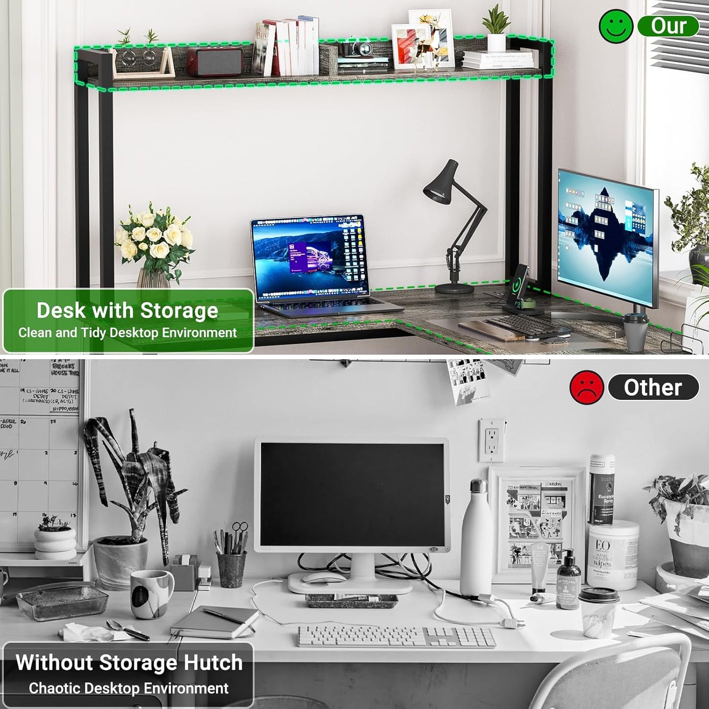 L Shaped Gaming Desk with LED Strip and Power Outlets, Reversible L-Shaped Computer Desk with Storage Shelves, Corner Desk with Hutch, 2 Person Home Office Desk, Black Oak