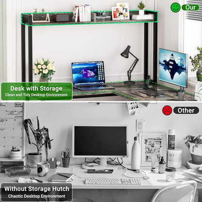 L Shaped Gaming Desk with LED Strip and Power Outlets, Reversible L-Shaped Computer Desk with Storage Shelves, Corner Desk with Hutch, 2 Person Home Office Desk, Black Oak