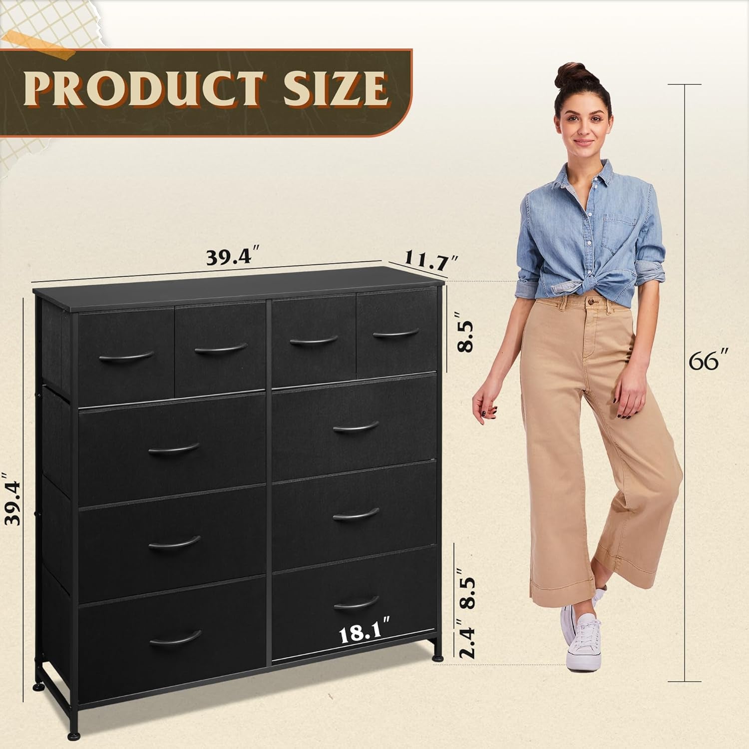 Dresser for Bedroom with 10 Fabric Drawers, Tall Chest Organizer Units for Clothing, Closet, Storage Tower with Cabinet, Metal Frame, Wooden Top, Black Dresser for Living Room