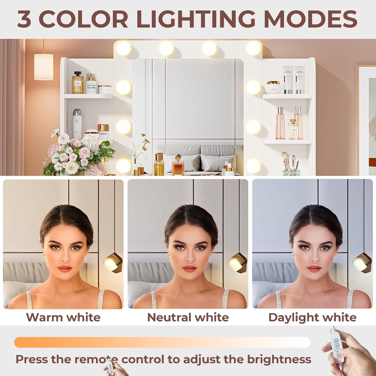 Vanity Desk with Mirror, Compact Makeup Vanity Table with 2 Large Drawers, Shelves, Power Outlet and Side Drawers, 3 Color Modes Adjustable Bulb, Bench Included, White