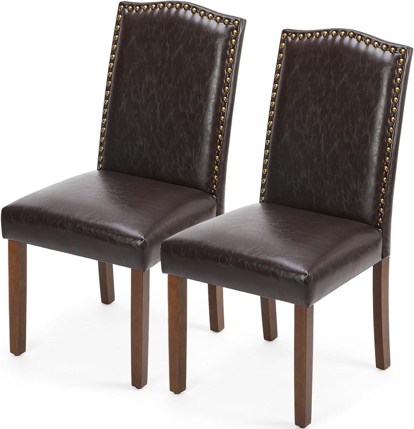 Upholstered Dining Chairs，Set of 2 PU Leather Dining Room Kitchen Chair with Nailhead Trim and Wood Legs, Modern Side Chairs for Living Room-Brown