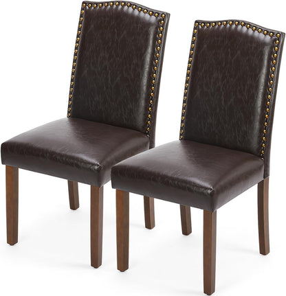 Upholstered Dining Chairs，Set of 2 PU Leather Dining Room Kitchen Chair with Nailhead Trim and Wood Legs, Modern Side Chairs for Living Room-Brown