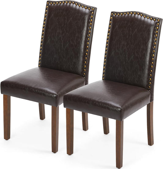 Upholstered Dining Chairs，Set of 2 PU Leather Dining Room Kitchen Chair with Nailhead Trim and Wood Legs, Modern Side Chairs for Living Room-Brown