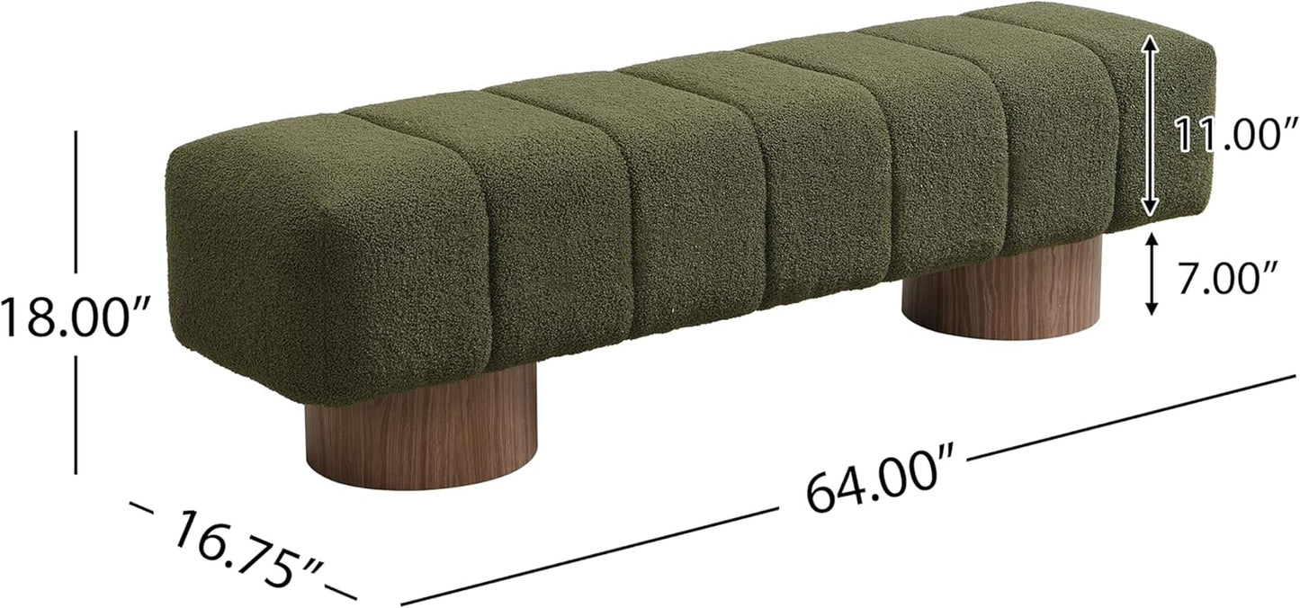 Upholstered Dining Bench, End of Bed Entryway Bench Ottoman for Bedroom Living Room, Dining Room, Green Boucle Fabric Stool Top Wood Leg, 300 LBS Weight Capacity, No-Assembly, Green