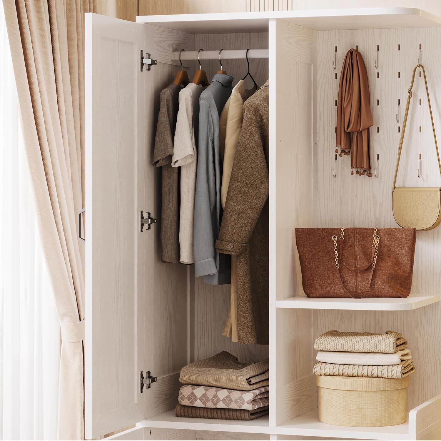 Armoire Wardrobe Closet, 70" H Wooden Bedroom Armoire with Mirror, 2 Cabinet, Pegboard and a Open Shelf, Large Freestanding Clothing Storage Cabinet with 3 Doors, White