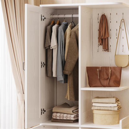 Armoire Wardrobe Closet, 70" H Wooden Bedroom Armoire with Mirror, 2 Cabinet, Pegboard and a Open Shelf, Large Freestanding Clothing Storage Cabinet with 3 Doors, White