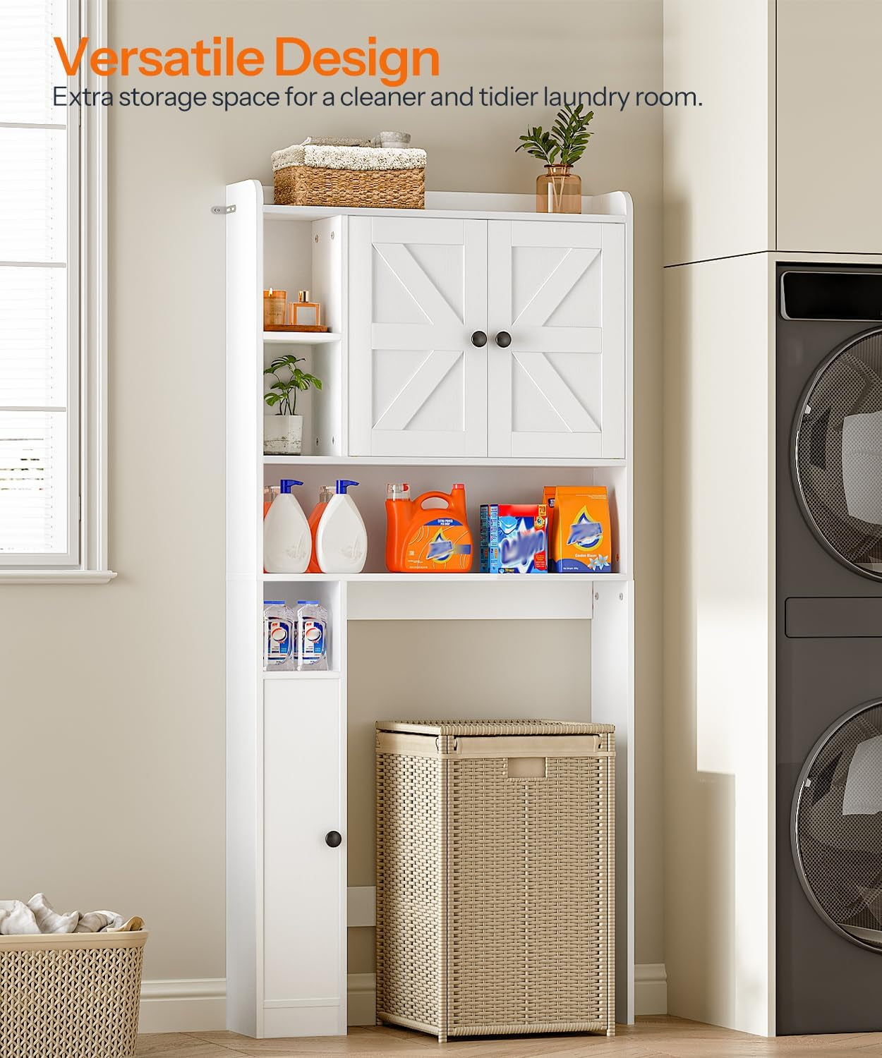 over the Toilet Storage Cabinet, Farmhouse over Toilet Bathroom Organizer with Doors and Adjustable Shelves, 31.5" W X 7.5" Dx 66.7" H, Space-Saving for Bathroom, Laundry, White WT80TS01N1