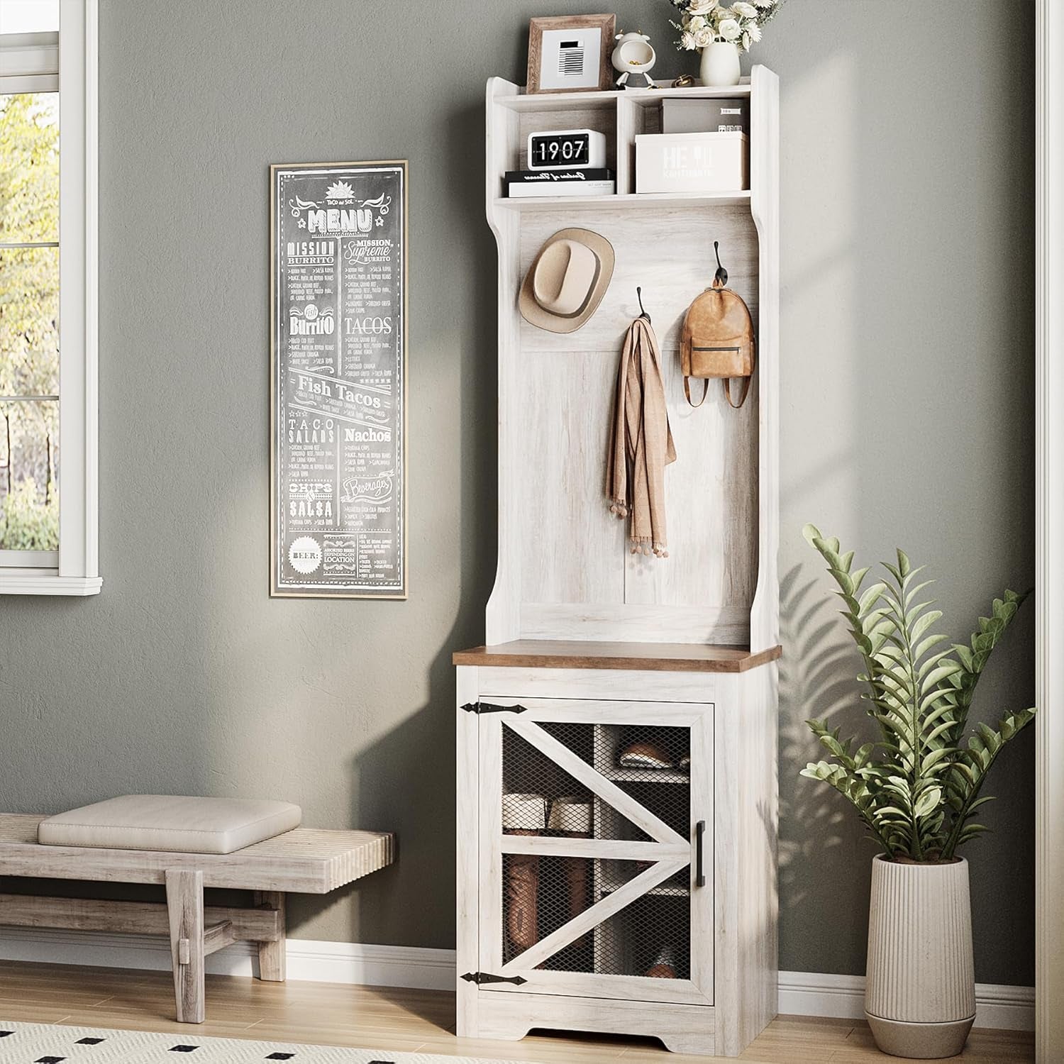 Farmhouse Hall Tree with Shoe Storage, 23" Entryway Narrow Coat Rack with 4 Cubbies, 3 Hooks & Mesh Barn Door, Coat Tree and Shoe Rack Entryway for Hallway, Living Room, Mudroom, Rustic White