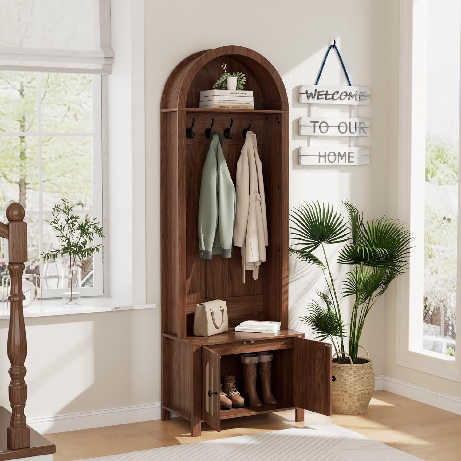 Hall Tree with Bench and Shoe Storage, Entryway Storage Bench with Coat Rack, 70.9" Arch Coat Rack with 4 Hooks and 2 Fluted Doors, Farmhouse Style Furniture Organizer for Hallway,Mud Room