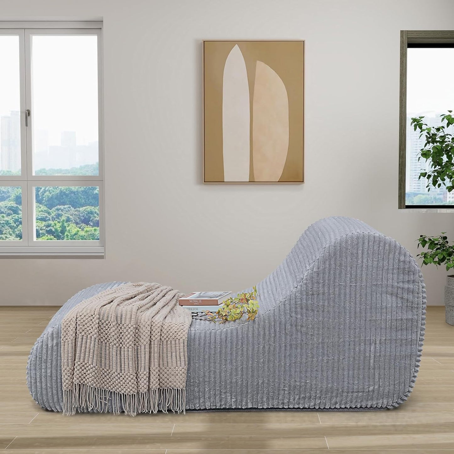 Corduroy Chaise Lounge Chair Couch Indoor Boneless Oversized High-Density Sponge Soft Sofa, Light Grey