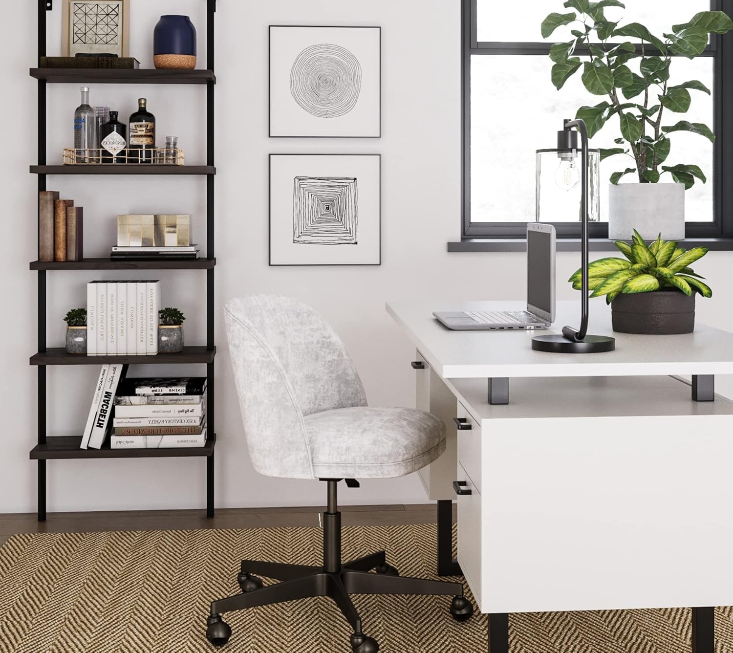 Storage, Buffet, Sideboard, Free Standing Accent Cabinet for Hallway, Entryway or Living Room, 1, Walnut/Black & Theo 5-Shelf Wood Modern Bookcase, Open Wall Mount Ladder Bookshelf