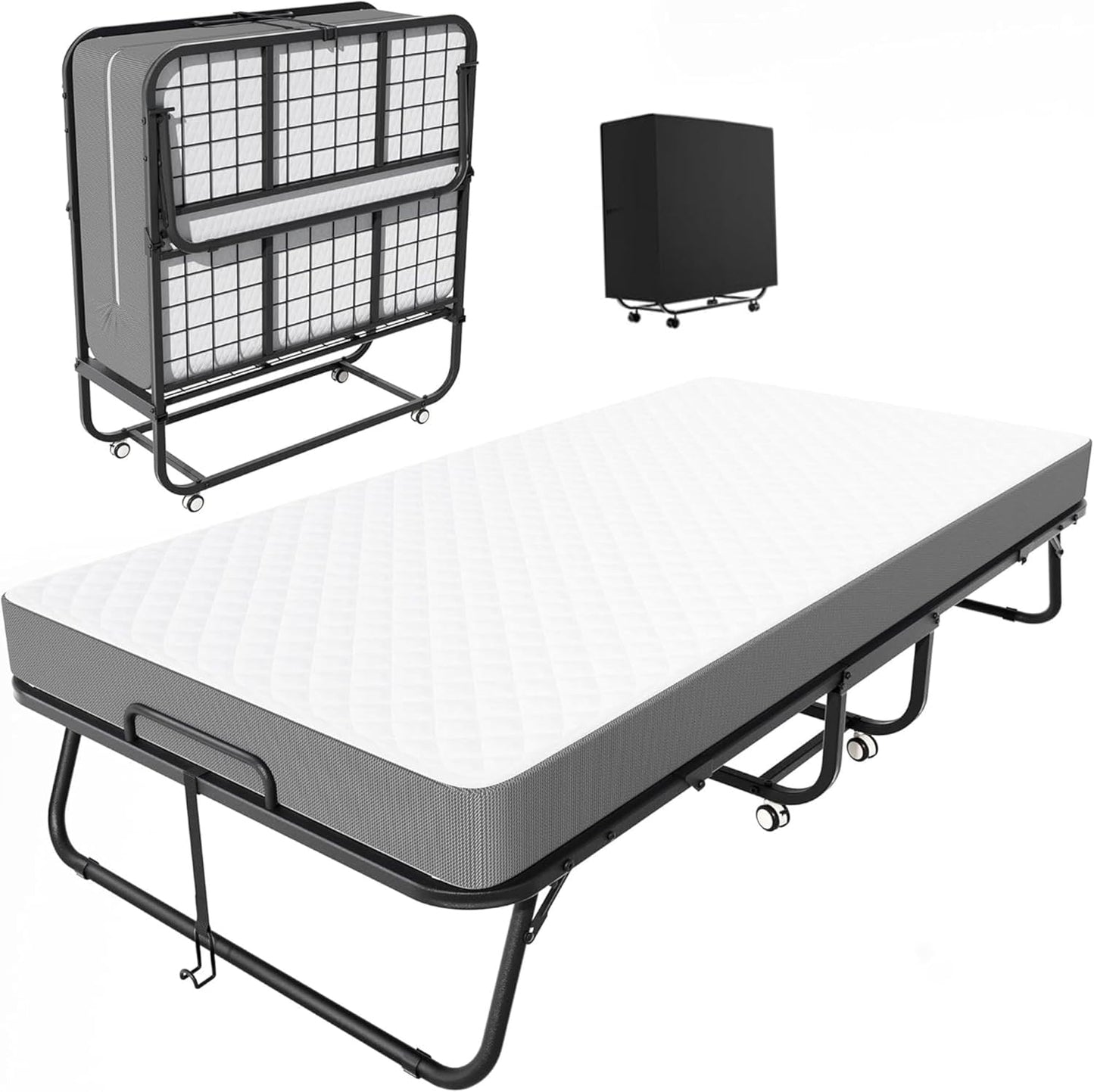 Folding Bed with Mattress, Roll Away Beds with Mattress for Adults, Single Cot Foldable Rollaway Beds, 75" X 31" Portable Bed for Easy Storage, Strong Frame for Guest Room, Small Apartment