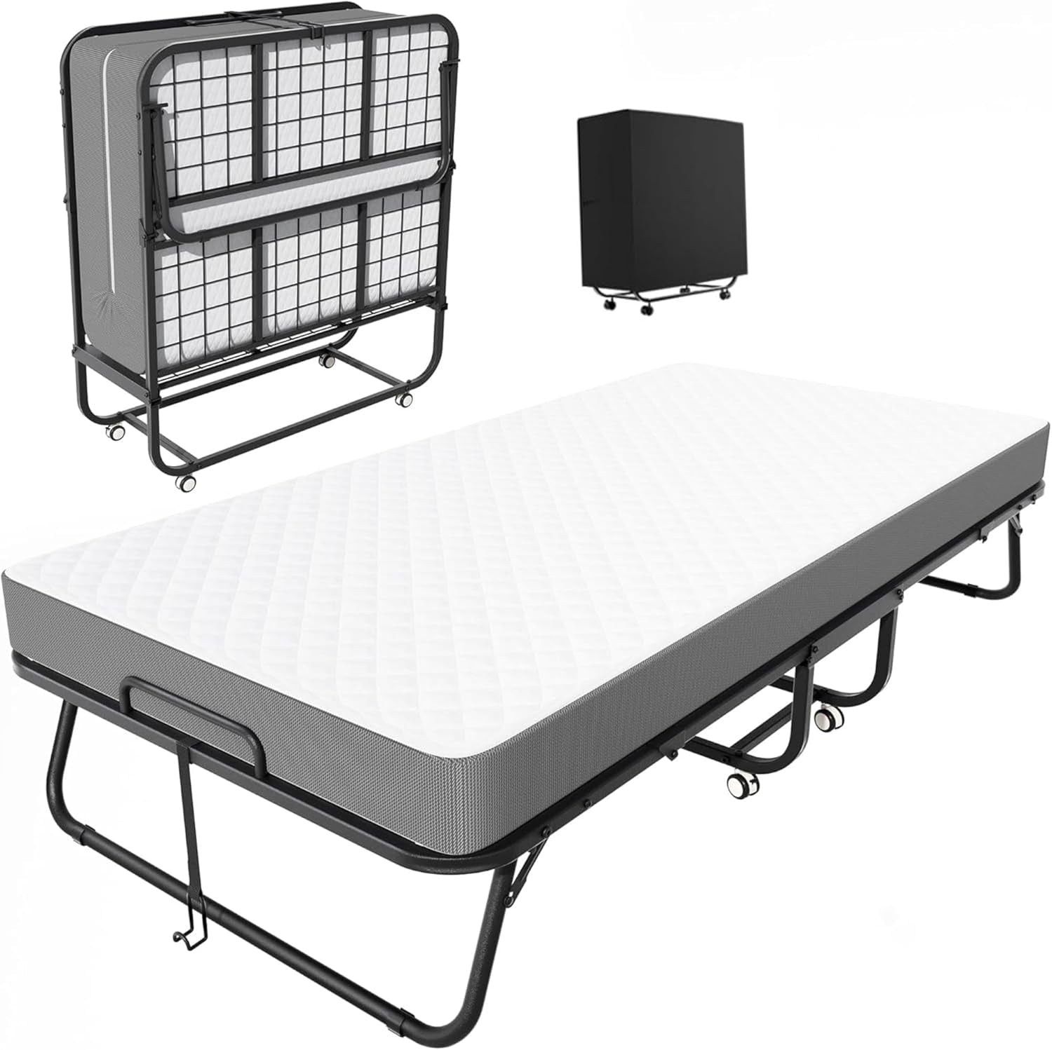 Folding Bed with Mattress, Roll Away Beds with Mattress for Adults, Single Cot Foldable Rollaway Beds, 75" X 31" Portable Bed for Easy Storage, Strong Frame for Guest Room, Small Apartment