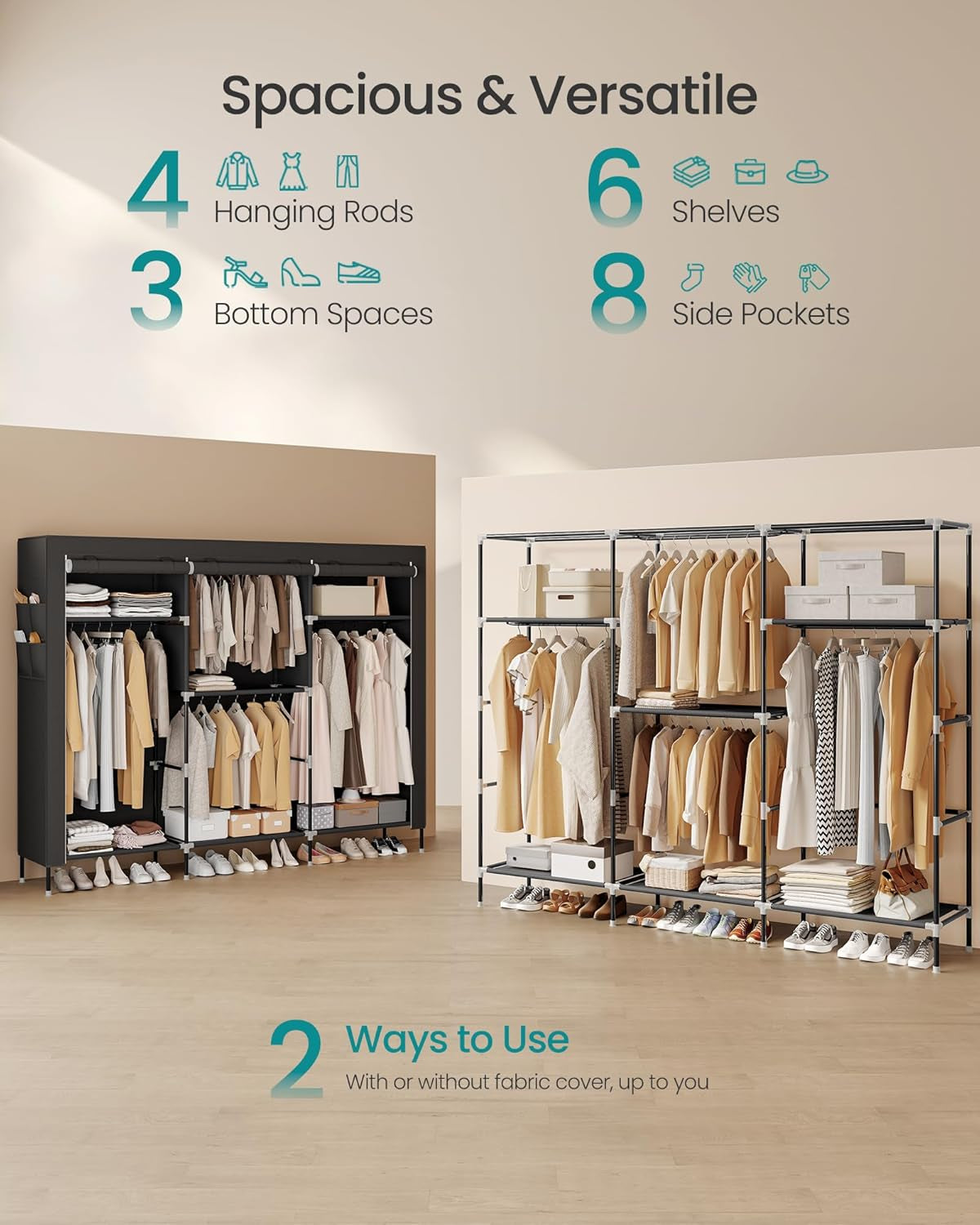 Portable Closet, Fabric Wardrobe, Clothes Rack with Shelves, Pockets, Large Capacity, 4 Hanging Rods, 17.7 X 74.4 X 70.9 Inches, Black URYG011BZ02