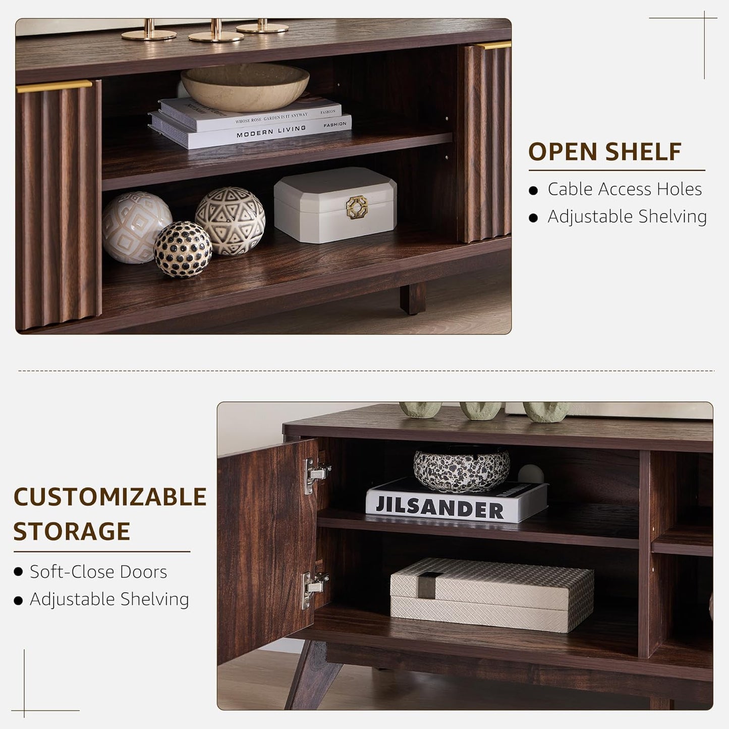 70" Mid Century Modern Fluted TV Stand, Entertainment Center, Sideboard, Media Console for Living Room with 2 Soft Close Door/Adjustable Shelves (Dark Walnut)