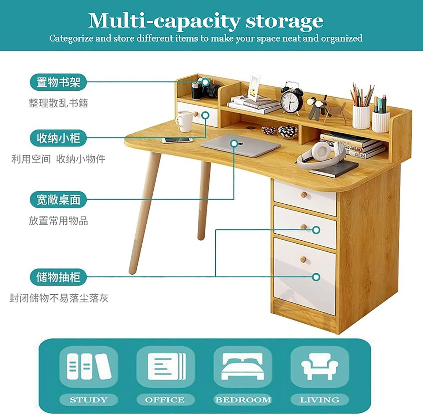 White Writing Desk with Drawer & Cabinet,Wood Computer Hutch,Home Office Desk,Small Study Desk,Workstation Pc Laptop Table for Bedroom Home Office，White B 120Cm/47