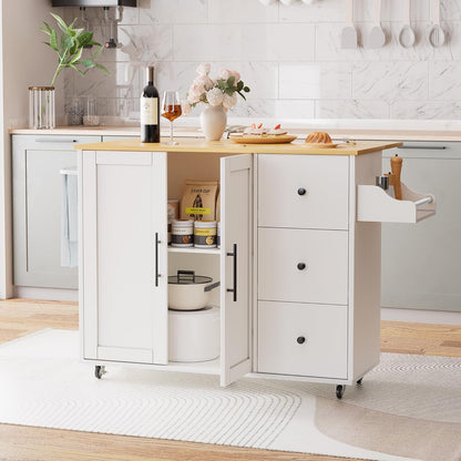 Kitchen Island on Wheels with Storage-Multifunctional Kitchen Island Cart with Drop Leaf, Rolling Island with Spice/Towel Rack,Expandable Island Table Kitchen,39.37" Width,White