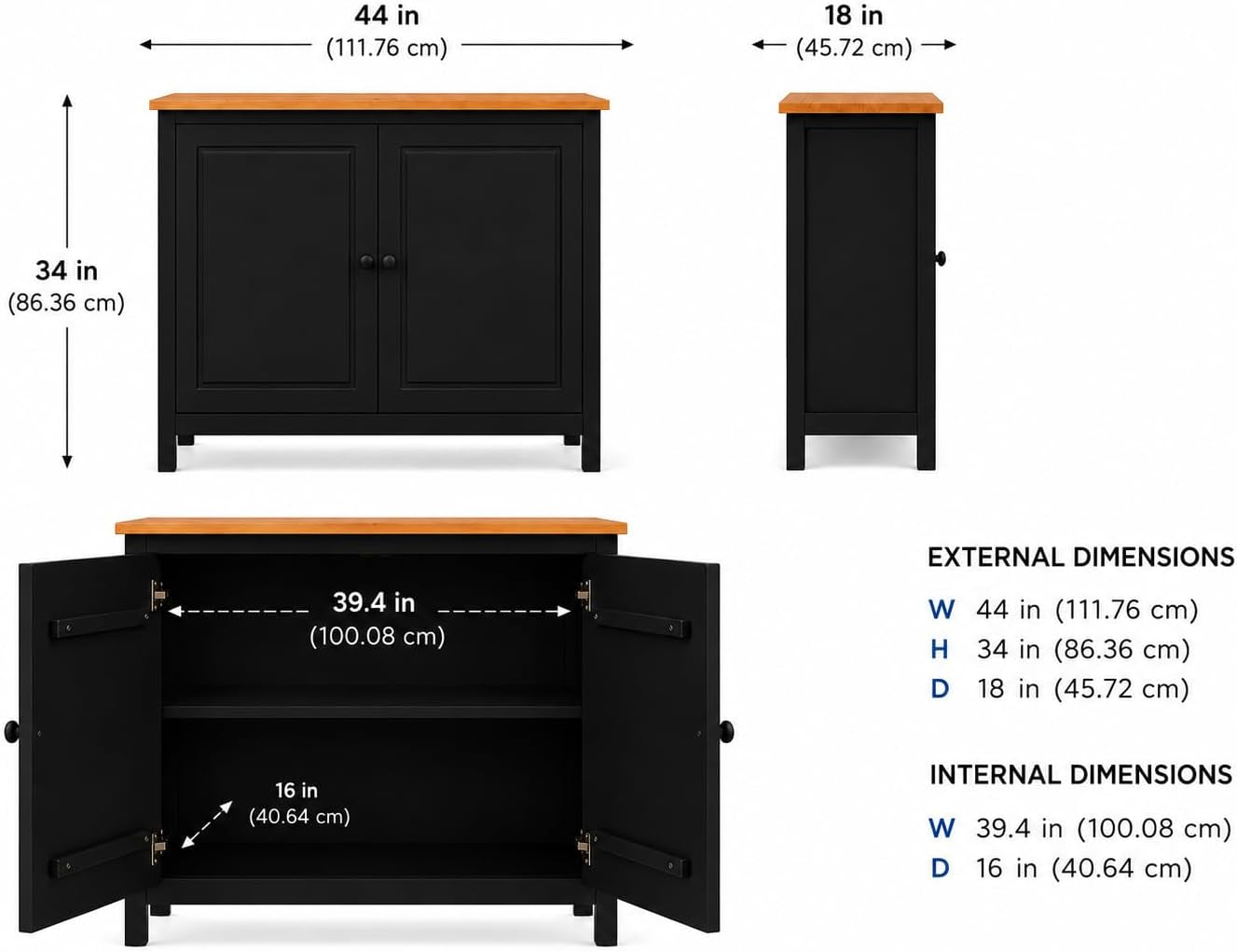 44" Wide Black & Pine Top Solid Pine Shaker Sideboard Buffet Cabinet — 2 Doors Adjustable Shef — No Drawer · Anti-Tip Included — Two-Tone Modern Finish