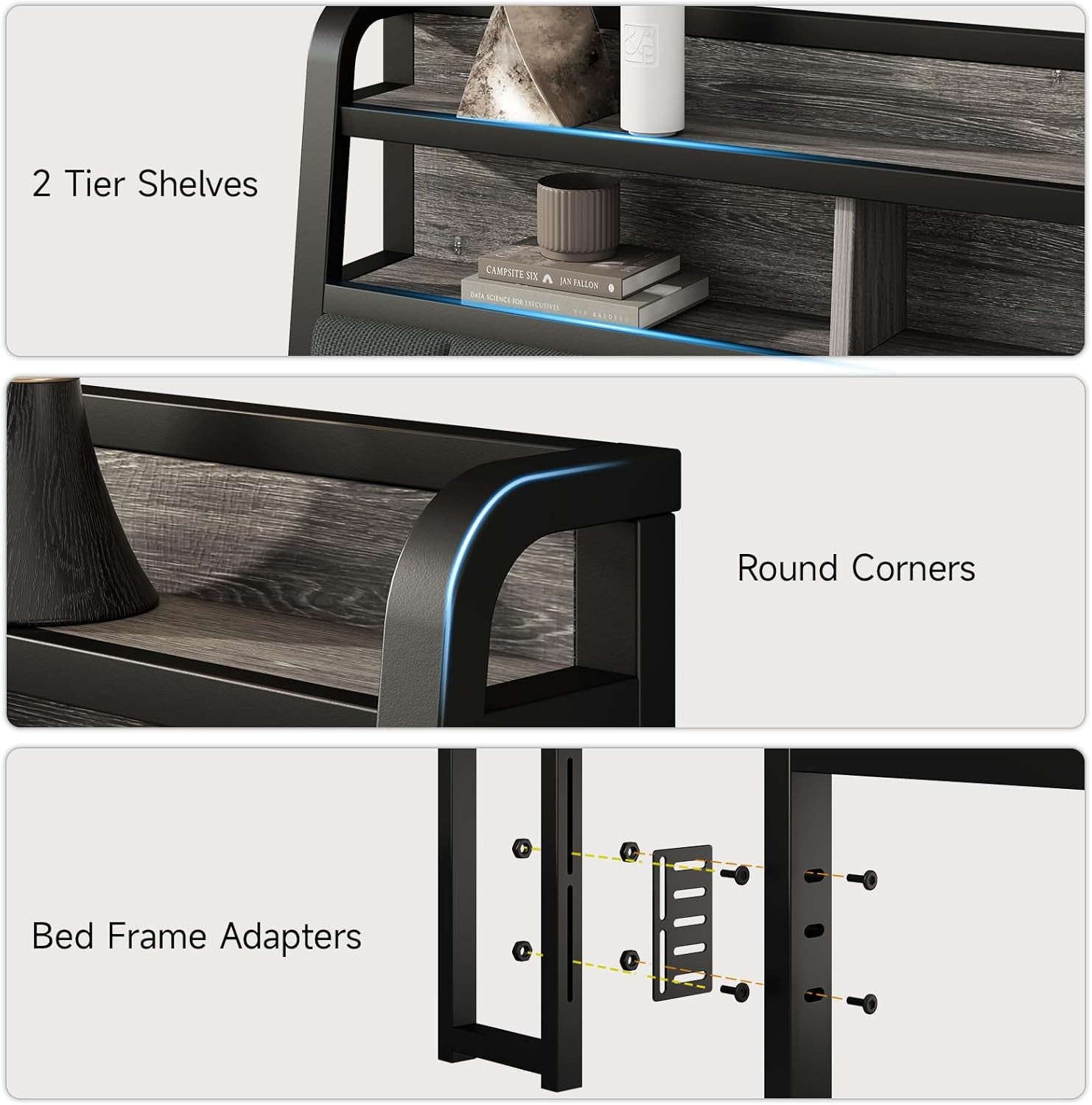King Headboard Only with Storage, Upholstered Headboards for King Size Bed with LED Light, Charging Station, Height Adjustable, Sturdy and Stable Headboard, Black & Grey