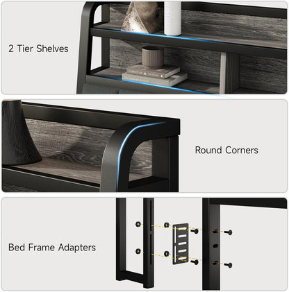 King Headboard Only with Storage, Upholstered Headboards for King Size Bed with LED Light, Charging Station, Height Adjustable, Sturdy and Stable Headboard, Black & Grey