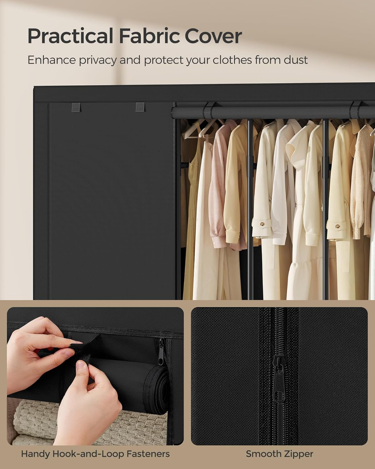 Wardrobe Closet, 83.5 Inch Large Capacity Portable Closet, Clothing Rack, 25 Mm Dia,Thick Steel Tubes, Clothes Organizer with Fabric Cover, 5 Hanging Rails, 10 Shelves, Ink Black URDR095B01