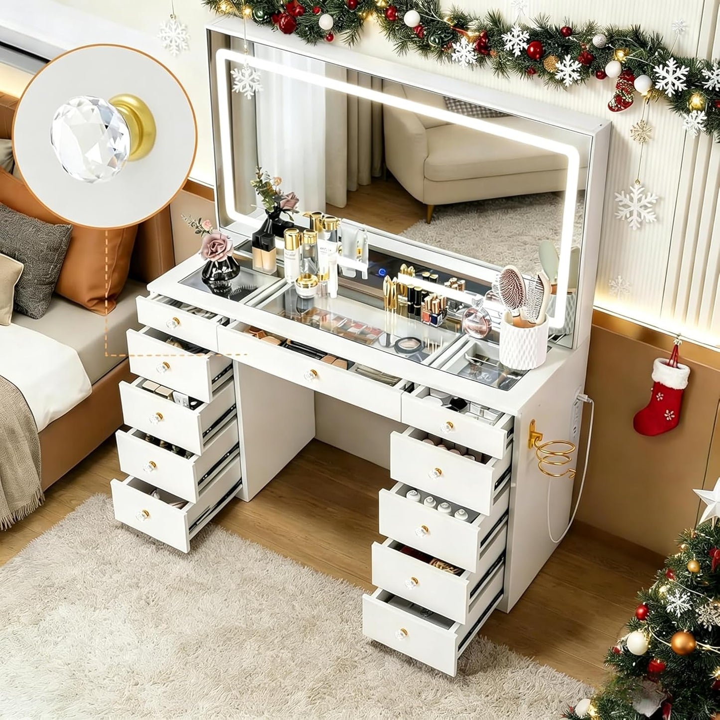 Glass Top Vanity Desk with Crystal Handles and 11 Drawers, Makeup Vanity with Mirror and Lights, 3 Lighting Modes Dressing Table, Power Outlet, Silent Slides, White